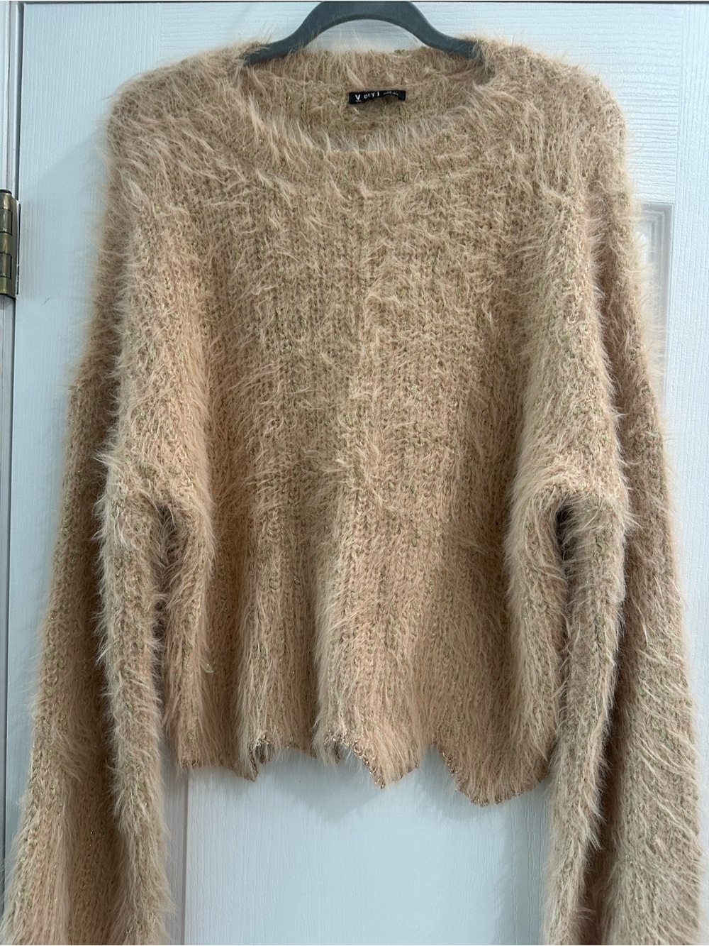 Very J Fuzzy Beige Crewneck Sweater